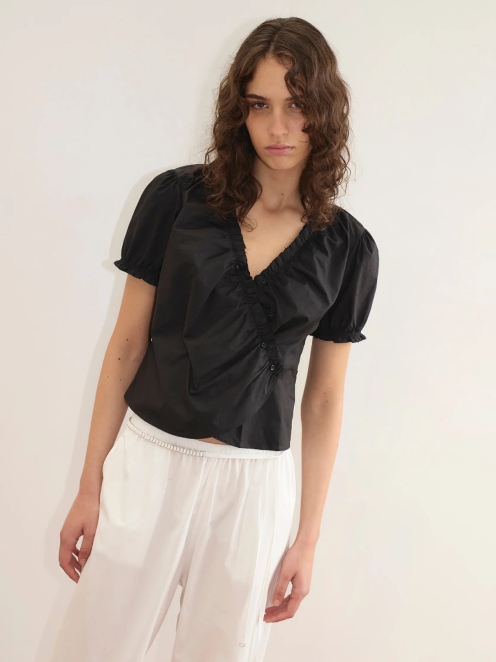 DEIJI STUDIOS The Cross Frill Top In Black Puff Sleeves Current SS2026 NWT M